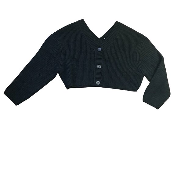 Zara Black V-Neck Cropped Cardigan Sweater Women's Large Ribbed Wool Blend NEW - Picture 1 of 10